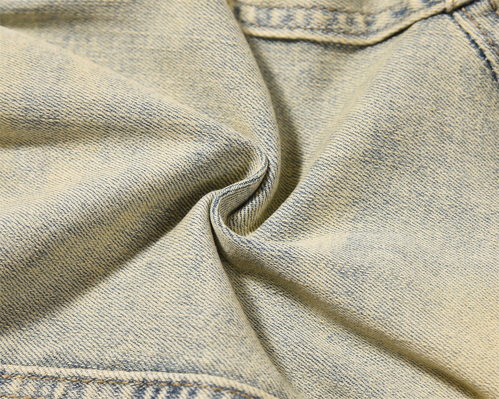 American Style Street Washed Mud Yellow Straight Pants Men's Trendy Brand Niche Design Sense Stitching Deconstructed Denim Pants