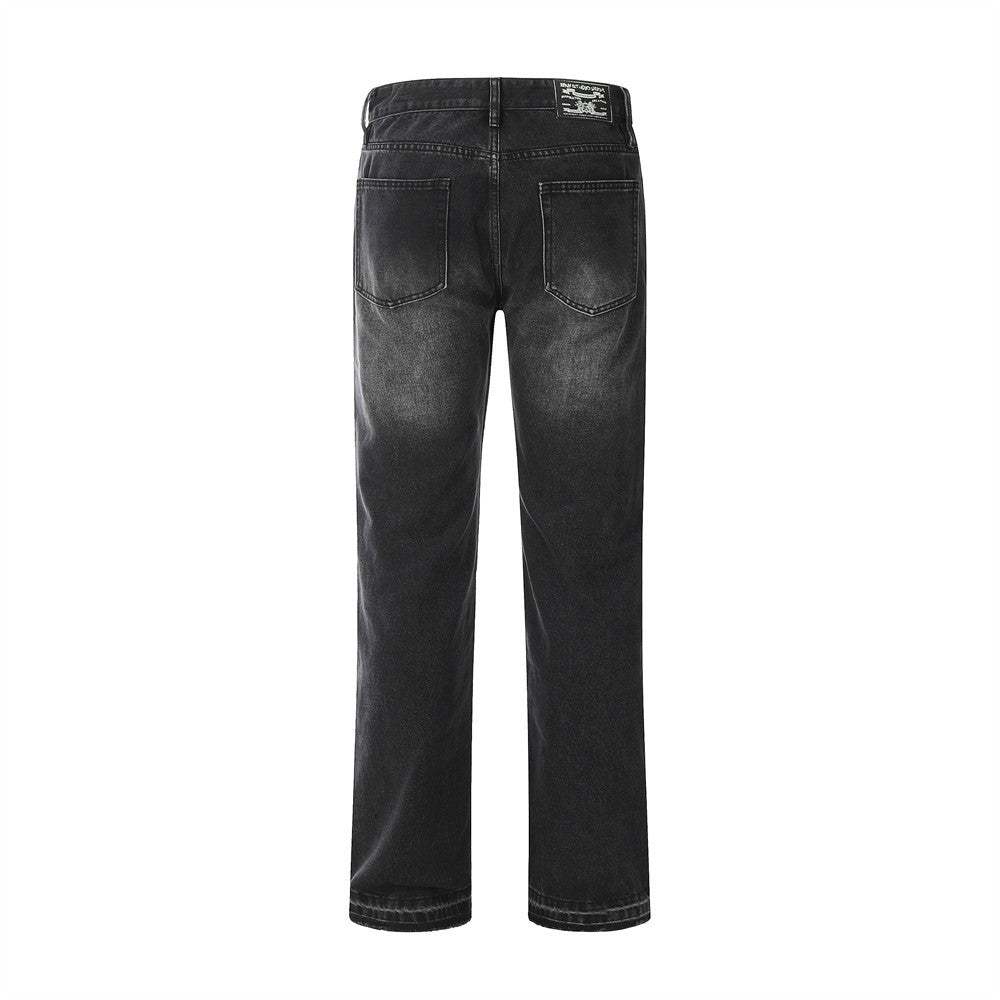 American Style High Street Rap Dressed Denim Pants Men's Loose Niche Washed Indentation Denim Straight Pants Trendy Brand