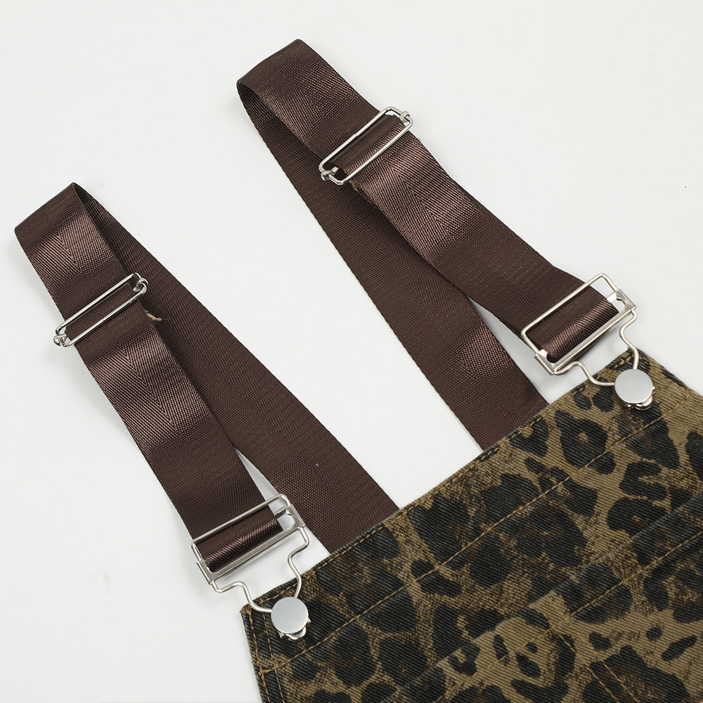 American Style Street Leopard Print Overalls Men's Design Sense Trendy Brand Loose Straight Denim Overalls