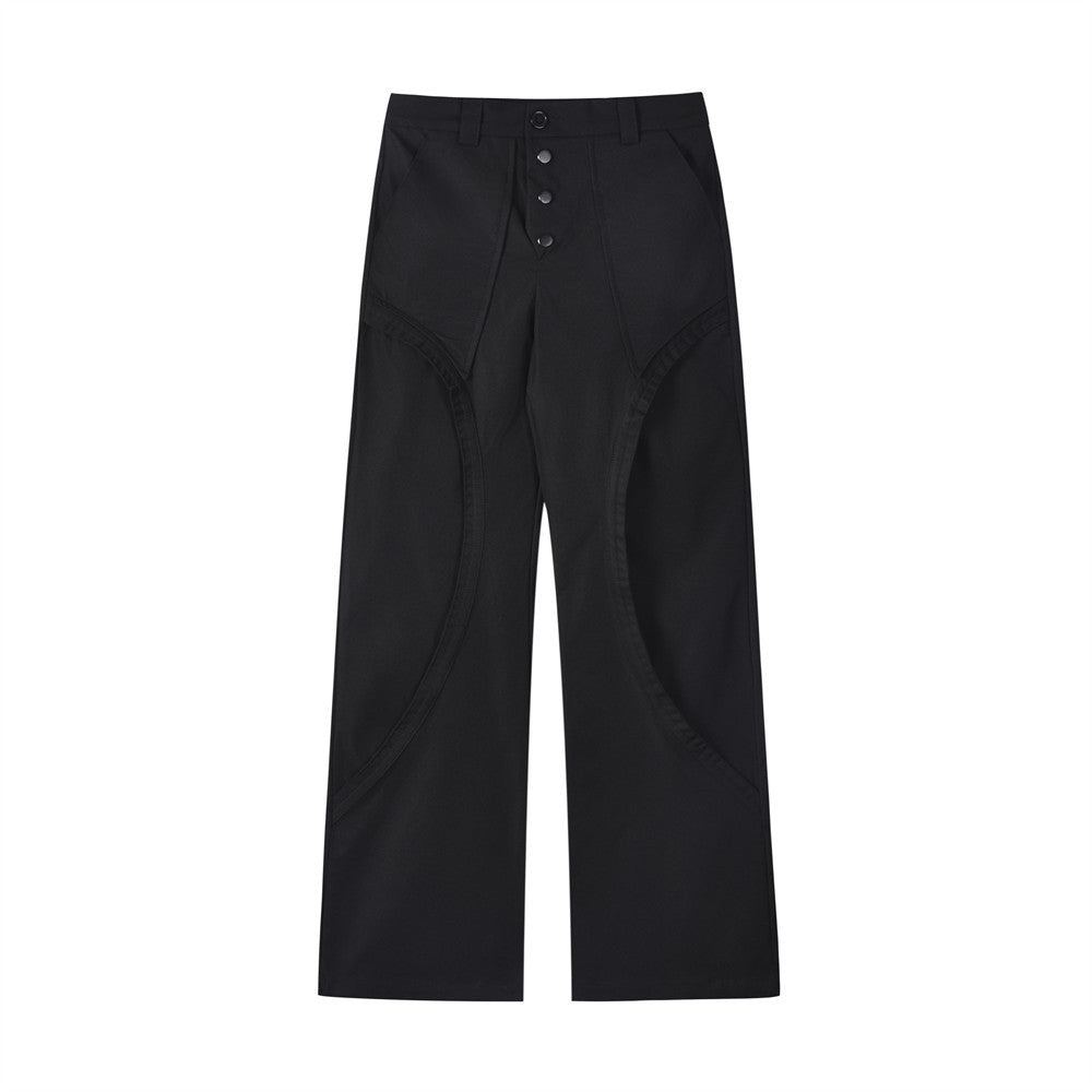High Street Design Stitching Straight Casual Trousers Men's Trendy Fashion Personality Button Open Leg Pants