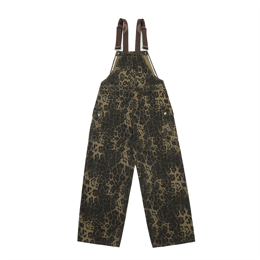 American Style Street Leopard Print Overalls Men's Design Sense Trendy Brand Loose Straight Denim Overalls