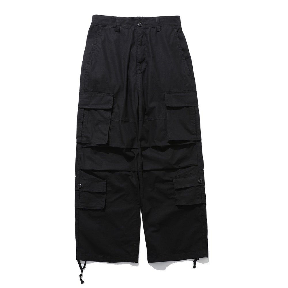 Functional Pocket Workwear Casual Pants Men's Loose Wide Leg Pants Pleated Paratroopers Drawstring Sports Pants High Street Trendy