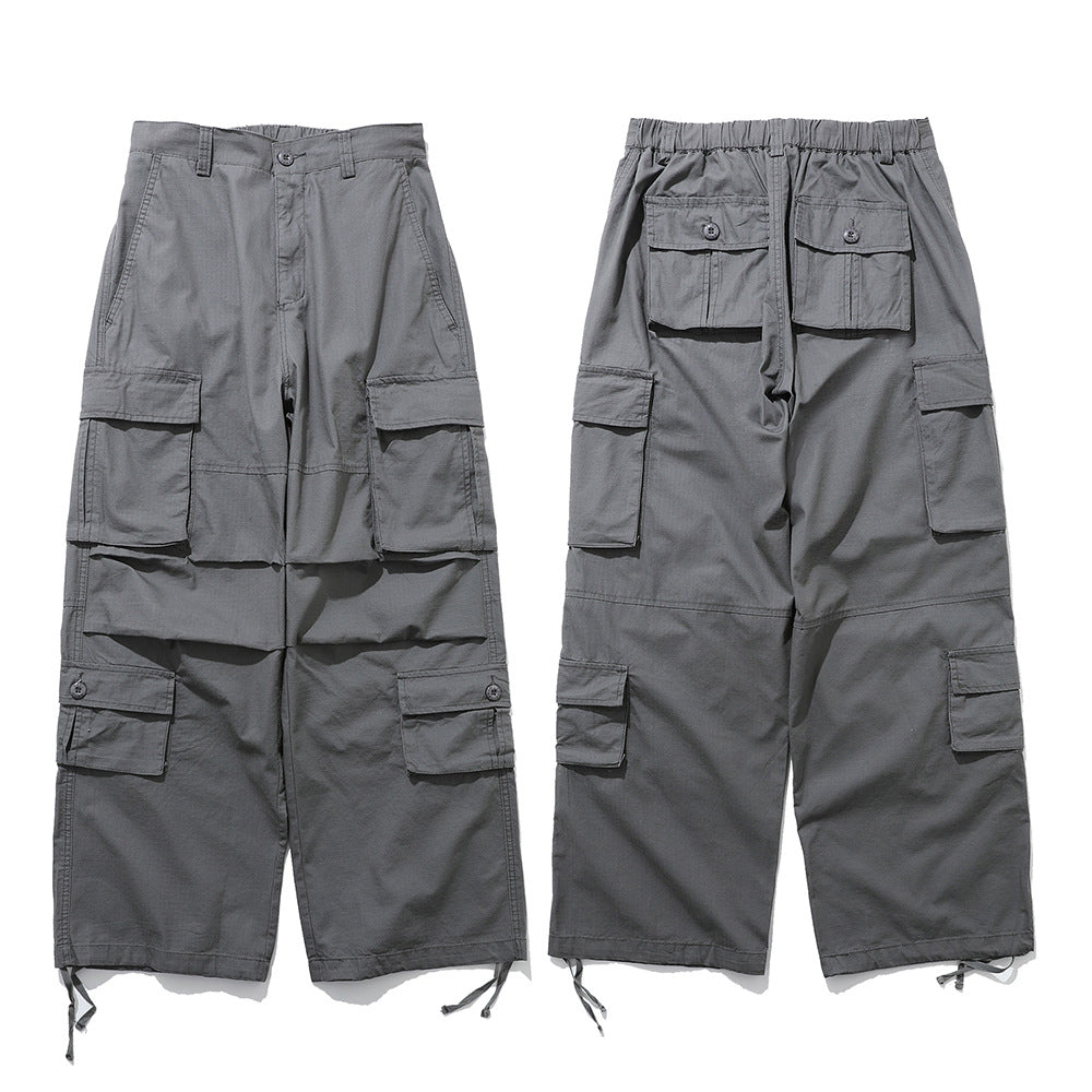 Functional Pocket Workwear Casual Pants Men's Loose Wide Leg Pants Pleated Paratroopers Drawstring Sports Pants High Street Trendy