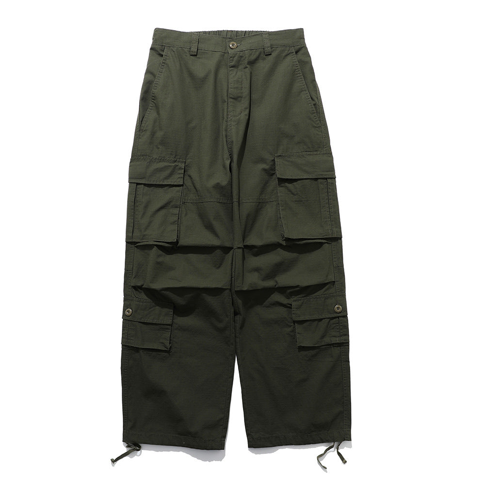 Functional Pocket Workwear Casual Pants Men's Loose Wide Leg Pants Pleated Paratroopers Drawstring Sports Pants High Street Trendy