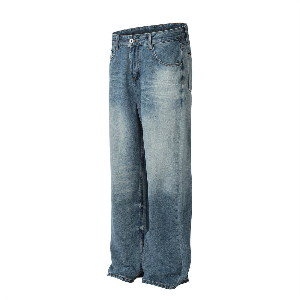 American Style High Street Wash Jeans Men's Fashionable Loose Casual Straight Wide Leg Pants Pleated Old Pants