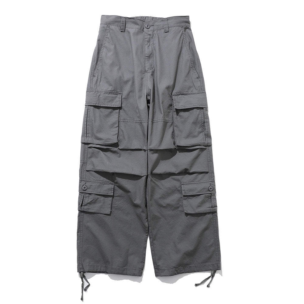 Functional Pocket Workwear Casual Pants Men's Loose Wide Leg Pants Pleated Paratroopers Drawstring Sports Pants High Street Trendy