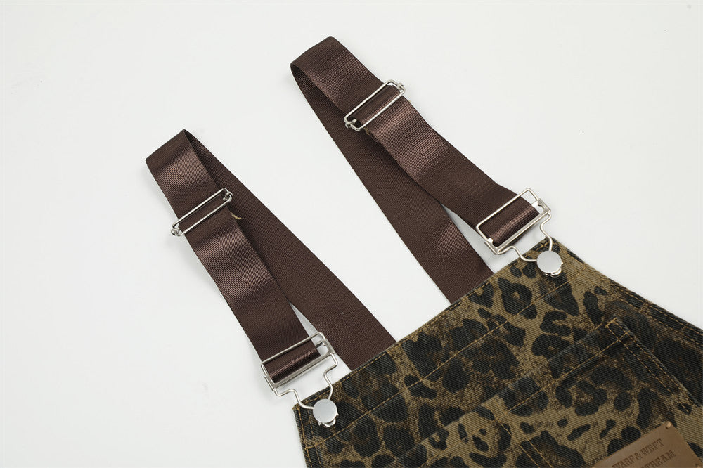 American Style Street Leopard Print Overalls Men's Design Sense Trendy Brand Loose Straight Denim Overalls