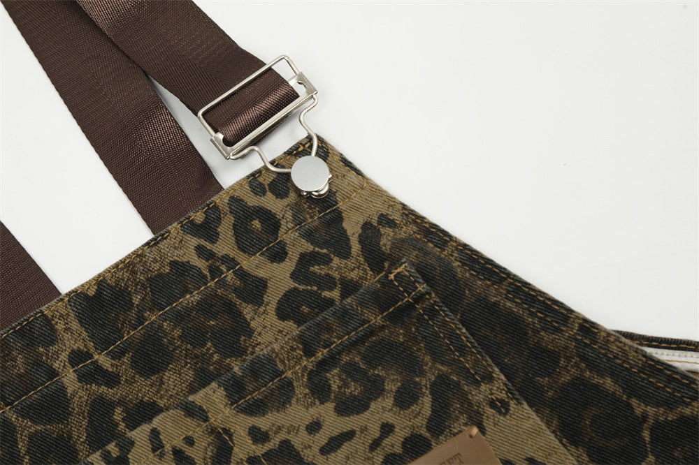 American Style Street Leopard Print Overalls Men's Design Sense Trendy Brand Loose Straight Denim Overalls