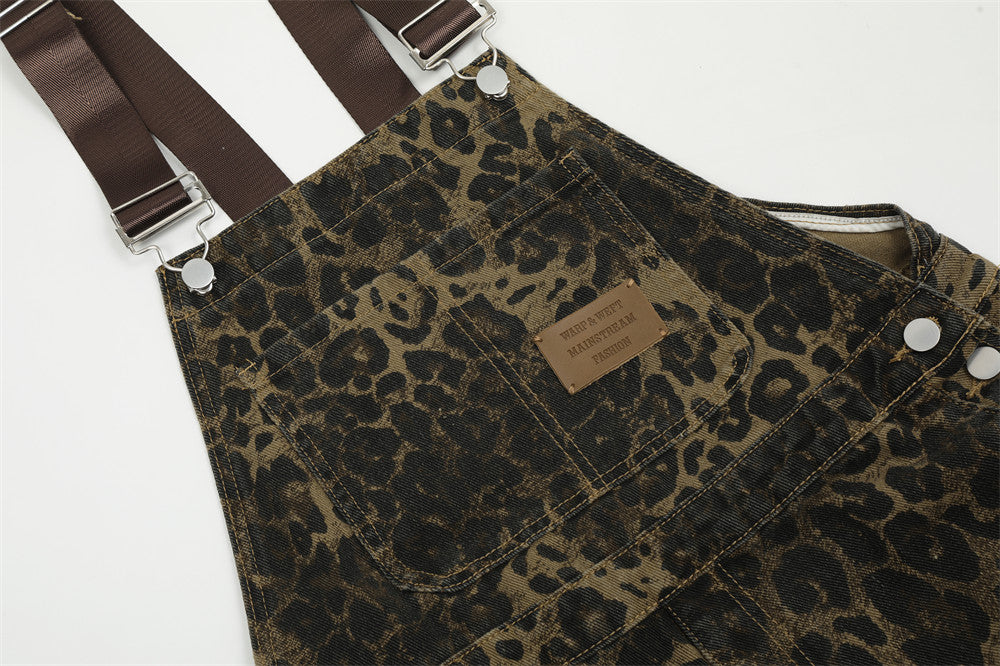 American Style Street Leopard Print Overalls Men's Design Sense Trendy Brand Loose Straight Denim Overalls
