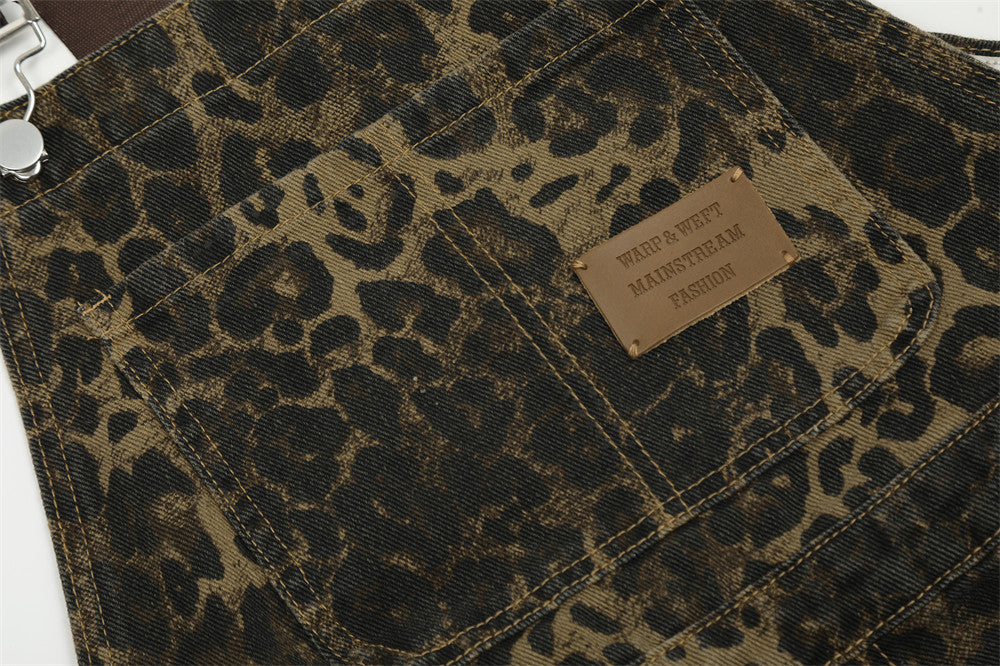 American Style Street Leopard Print Overalls Men's Design Sense Trendy Brand Loose Straight Denim Overalls