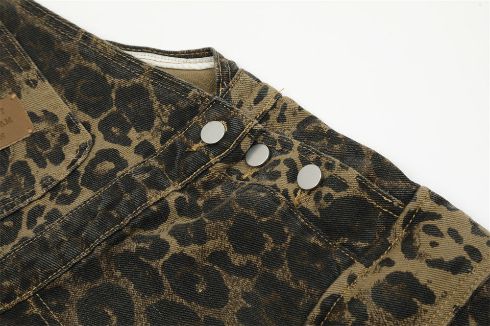 American Style Street Leopard Print Overalls Men's Design Sense Trendy Brand Loose Straight Denim Overalls