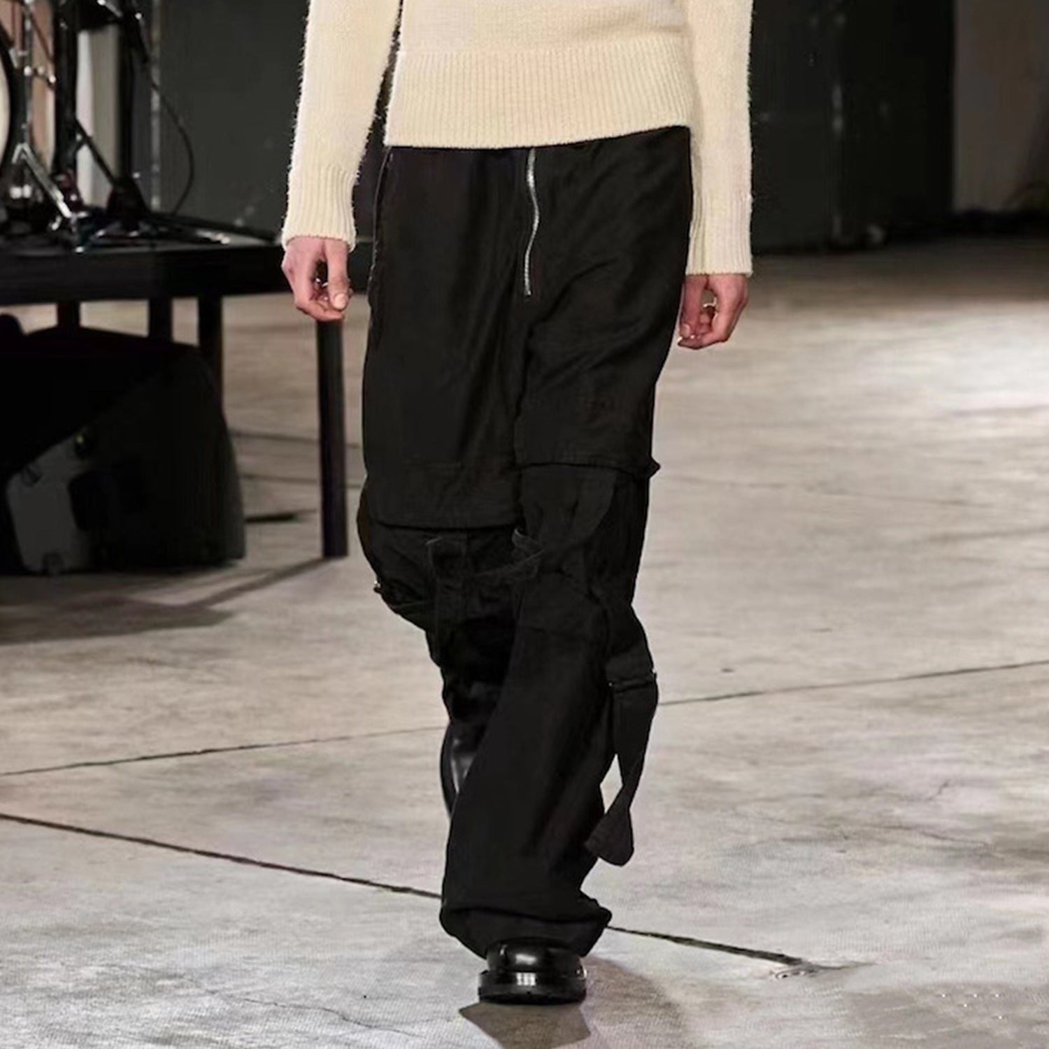 Men's And Women's High Street Strap Decorative Trousers Black Trendy Straight And Micro-blading Men's And Women's Tight Pants