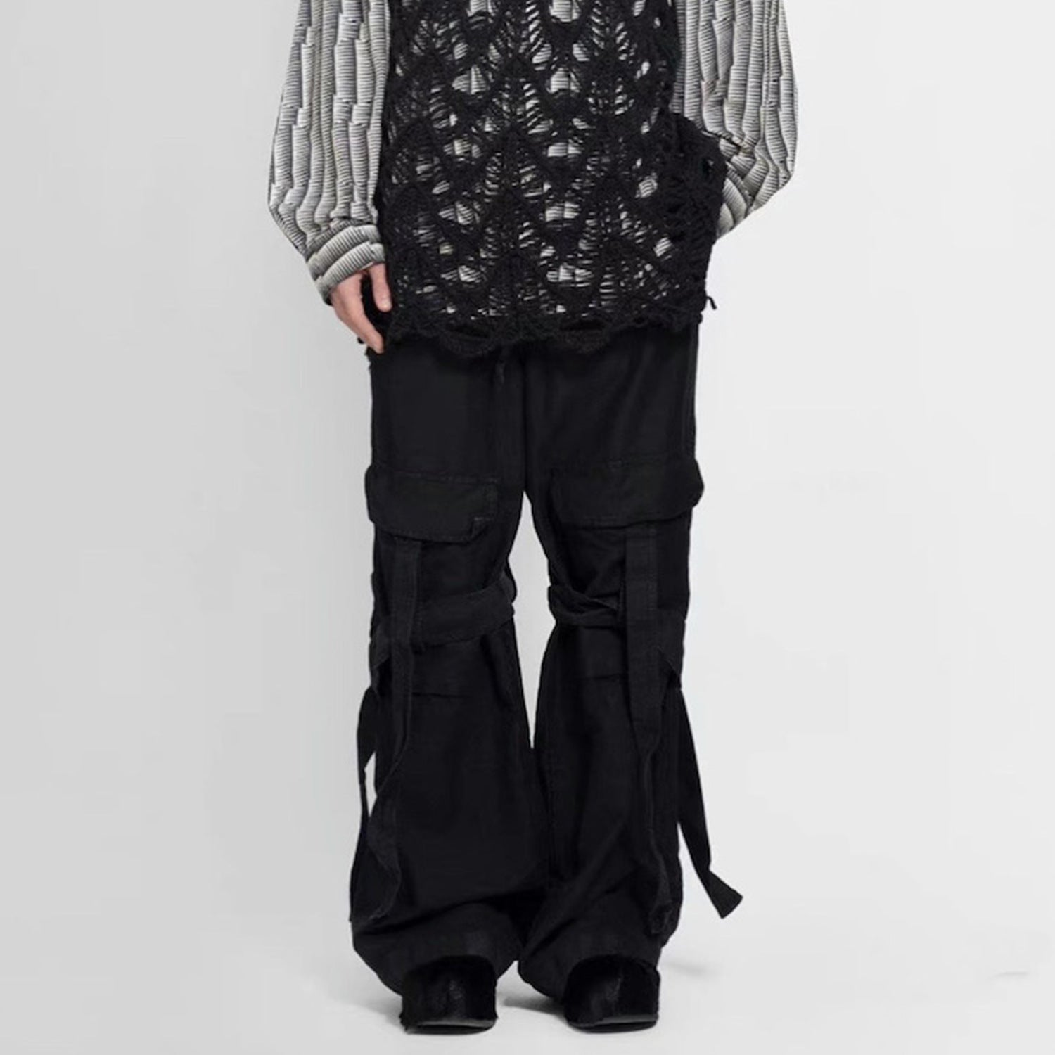 Men's And Women's High Street Strap Decorative Trousers Black Trendy Straight And Micro-blading Men's And Women's Tight Pants