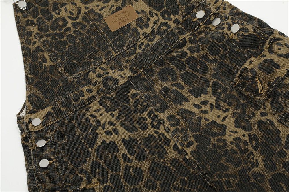 American Style Street Leopard Print Overalls Men's Design Sense Trendy Brand Loose Straight Denim Overalls