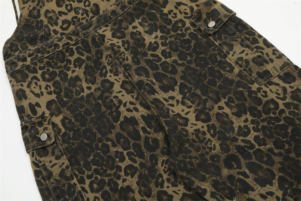 American Style Street Leopard Print Overalls Men's Design Sense Trendy Brand Loose Straight Denim Overalls