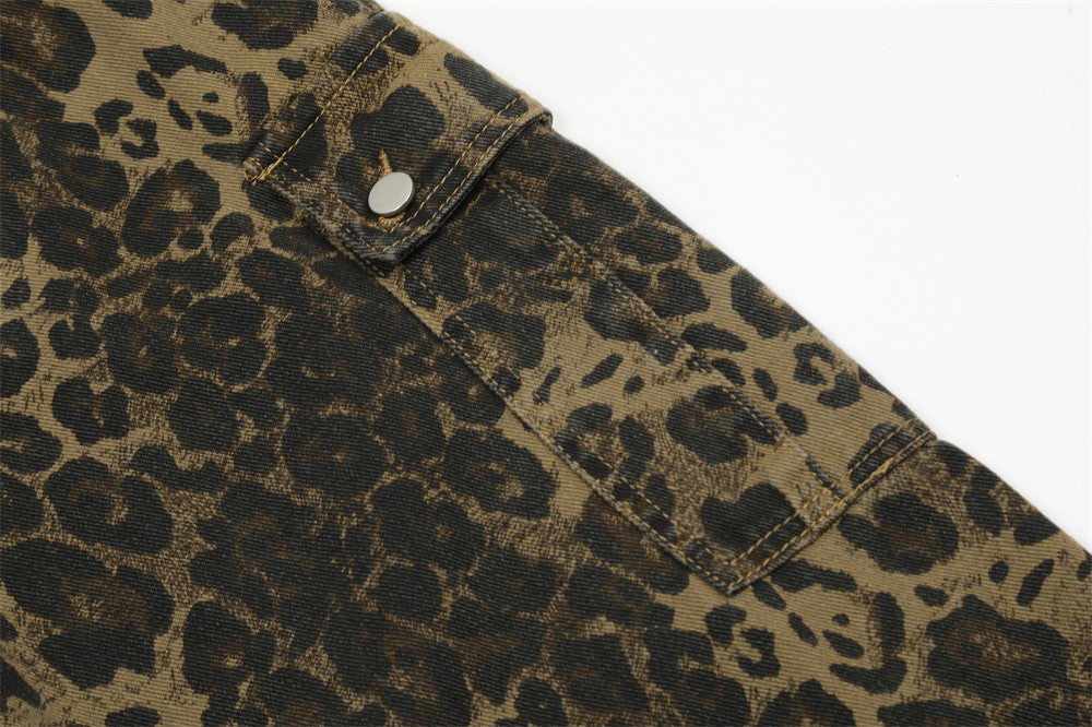 American Style Street Leopard Print Overalls Men's Design Sense Trendy Brand Loose Straight Denim Overalls