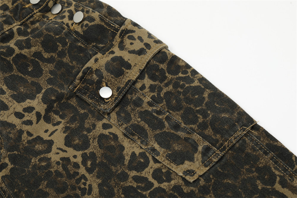 American Style Street Leopard Print Overalls Men's Design Sense Trendy Brand Loose Straight Denim Overalls
