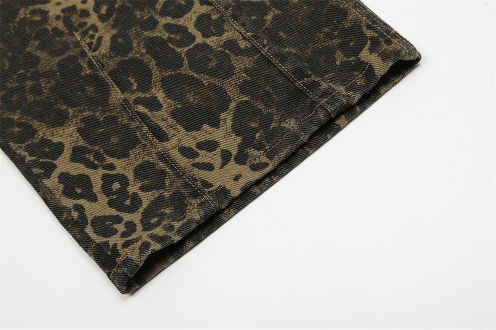 American Style Street Leopard Print Overalls Men's Design Sense Trendy Brand Loose Straight Denim Overalls