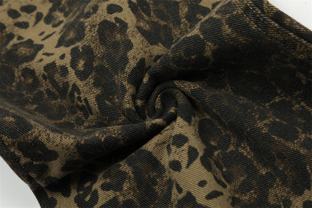 American Style Street Leopard Print Overalls Men's Design Sense Trendy Brand Loose Straight Denim Overalls
