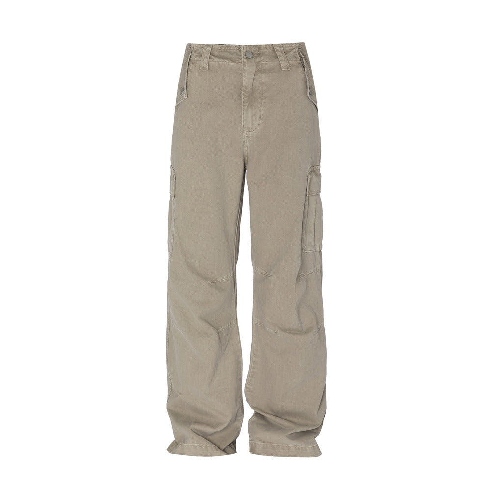 Wash Denim Crock Pants Men's Trousers Punk Street Trendy Wear Old Wrinkle Knee Loose Wide Leg Pants