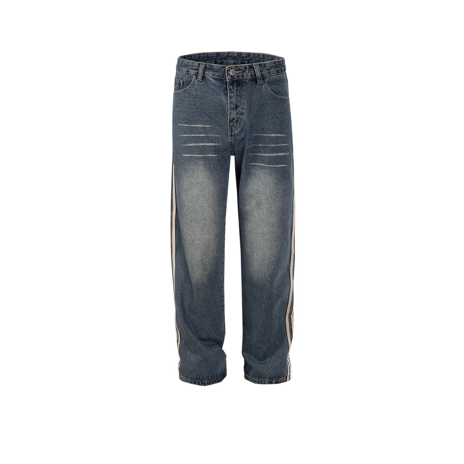 Men's And Women's Urban Bar Line Stitching Grinded White Trousers Men's And Women's Washed Straight Trendy Jeans