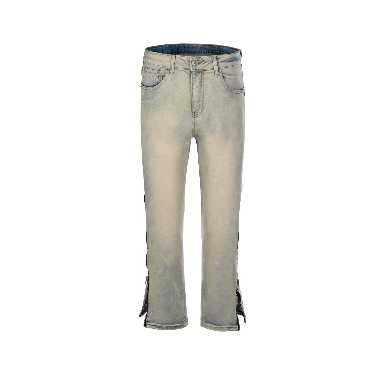 Men's Wear Women's Autumn And Winter Urban Side Wide Leg Full Opening Zipper Washing Water Distressed Trousers Straight Leg Jeans Trendy