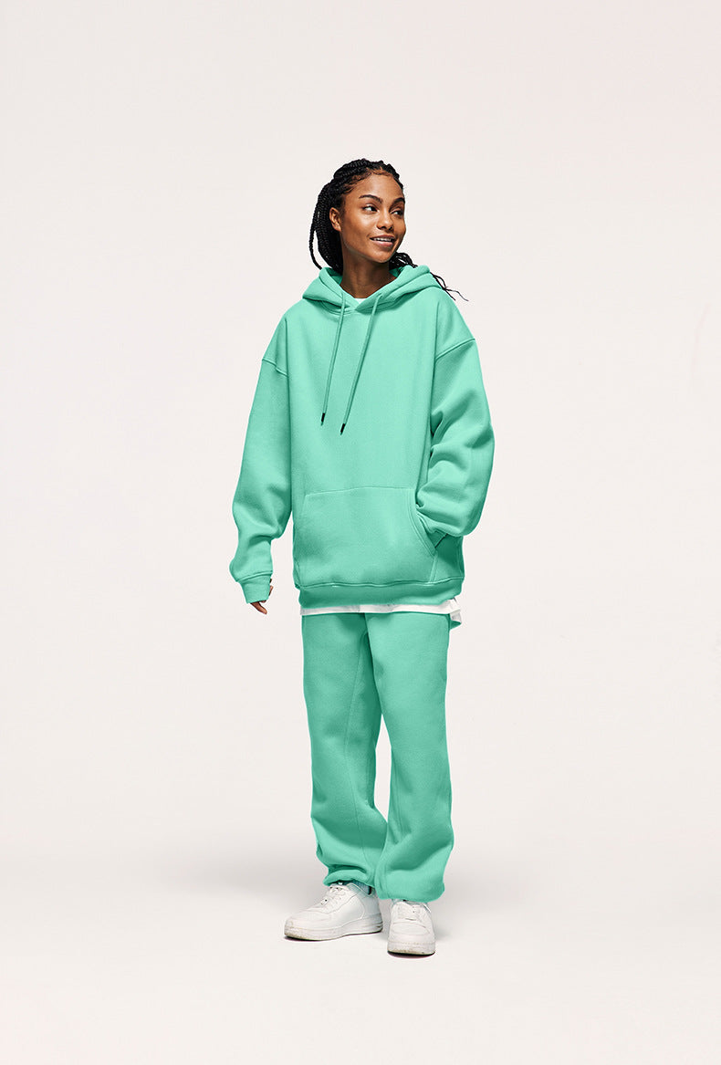 Autumn And Winter Tide Brand Plus Velvet Padded Hooded Solid Color Sweater Set For Cross-border