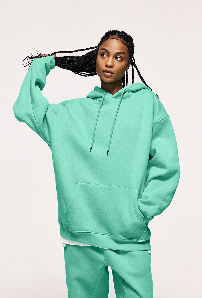 Autumn And Winter Tide Brand Plus Velvet Padded Hooded Solid Color Sweater Set For Cross-border