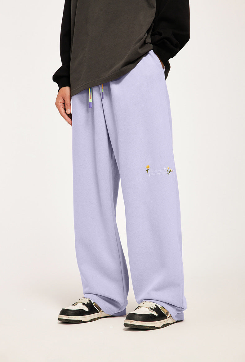 320g Sanding Embroidered Wide Leg Pants Fall/Winter New High Street Rainbow Drawstring Loose Men's Pants