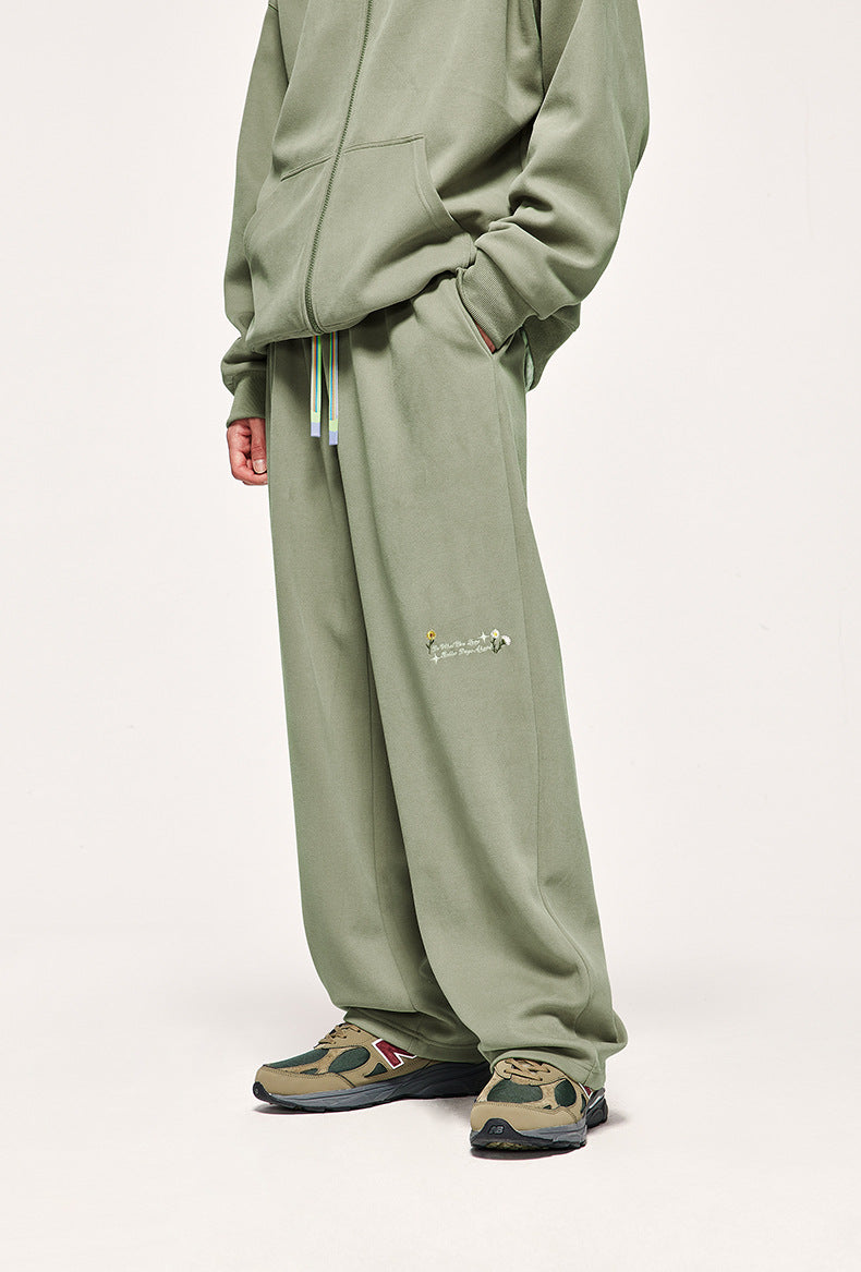 320g Sanding Embroidered Wide Leg Pants Fall/Winter New High Street Rainbow Drawstring Loose Men's Pants