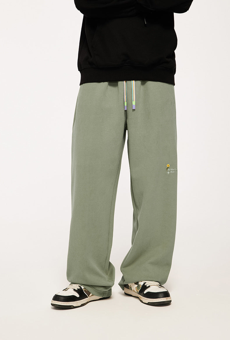 320g Sanding Embroidered Wide Leg Pants Fall/Winter New High Street Rainbow Drawstring Loose Men's Pants