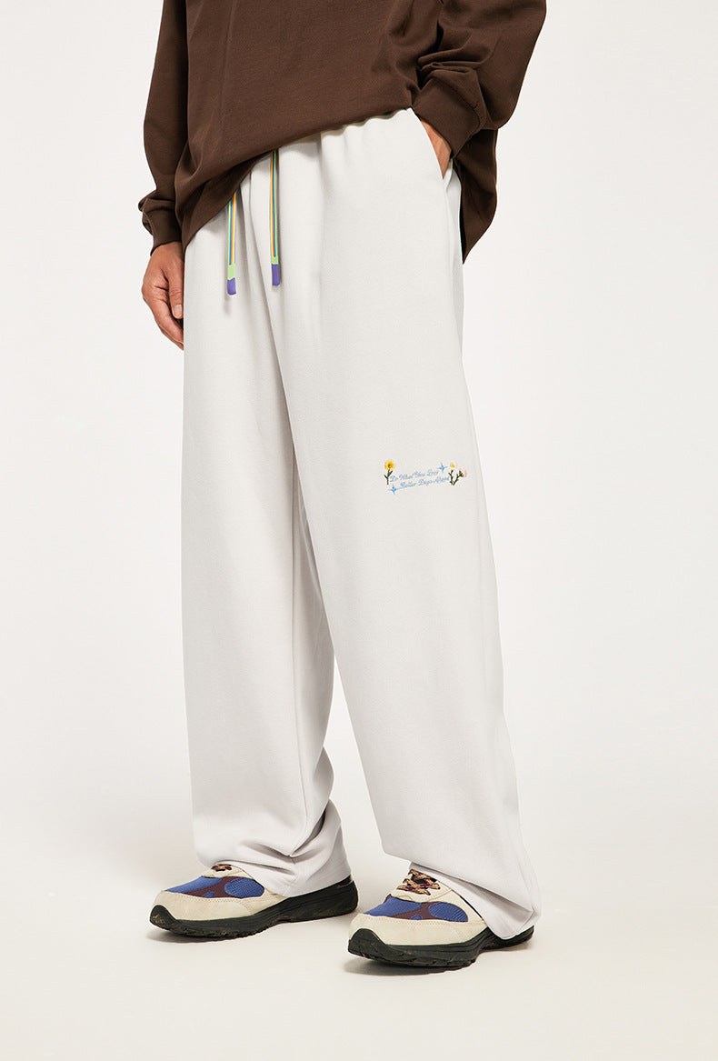 320g Sanding Embroidered Wide Leg Pants Fall/Winter New High Street Rainbow Drawstring Loose Men's Pants