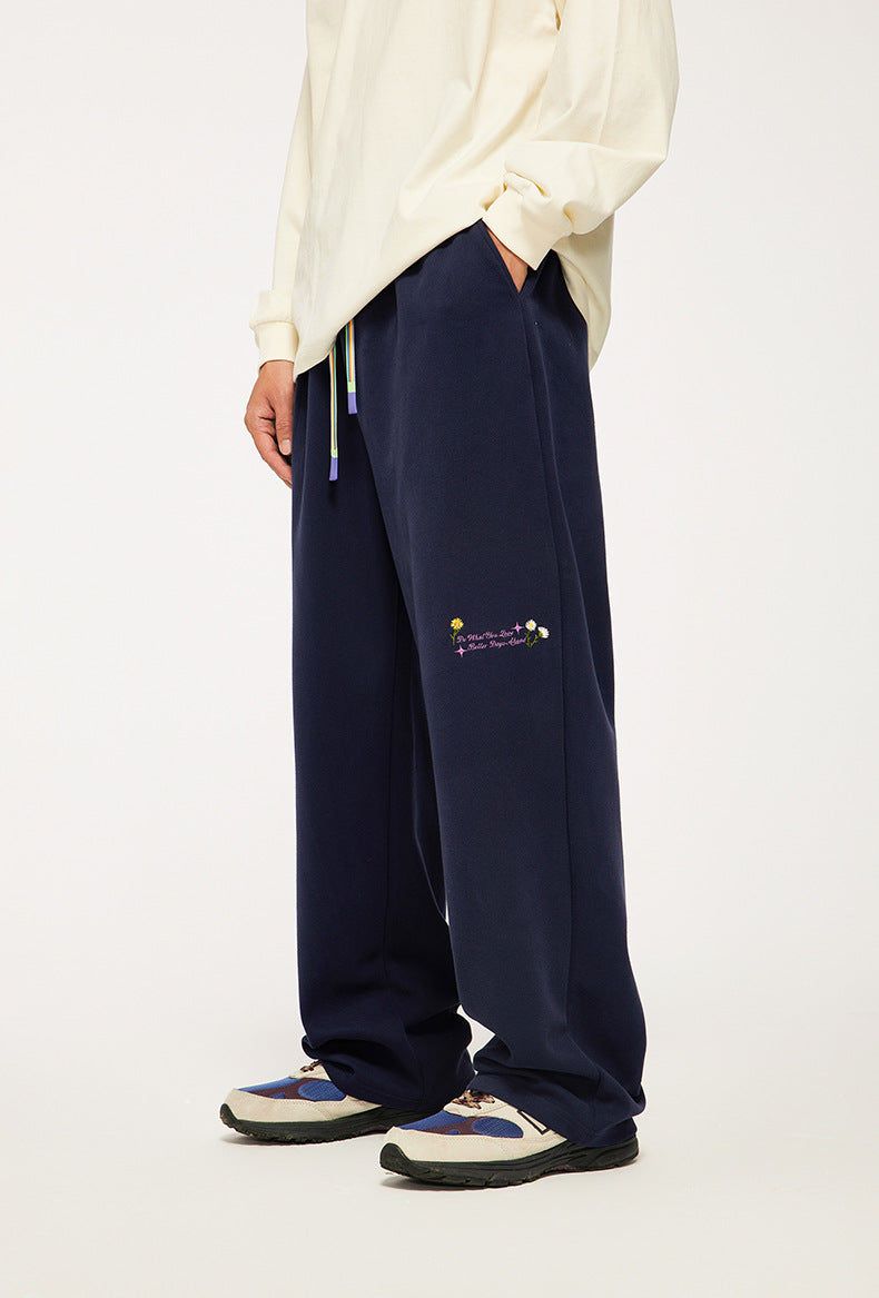 320g Sanding Embroidered Wide Leg Pants Fall/Winter New High Street Rainbow Drawstring Loose Men's Pants