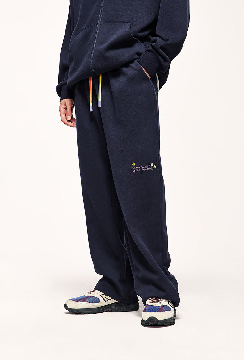 320g Sanding Embroidered Wide Leg Pants Fall/Winter New High Street Rainbow Drawstring Loose Men's Pants