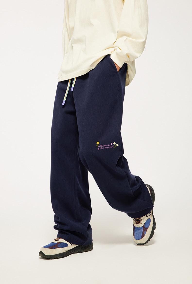 320g Sanding Embroidered Wide Leg Pants Fall/Winter New High Street Rainbow Drawstring Loose Men's Pants