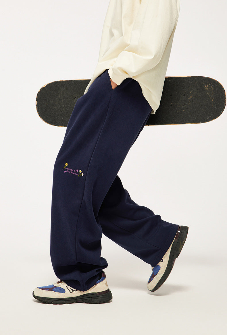320g Sanding Embroidered Wide Leg Pants Fall/Winter New High Street Rainbow Drawstring Loose Men's Pants