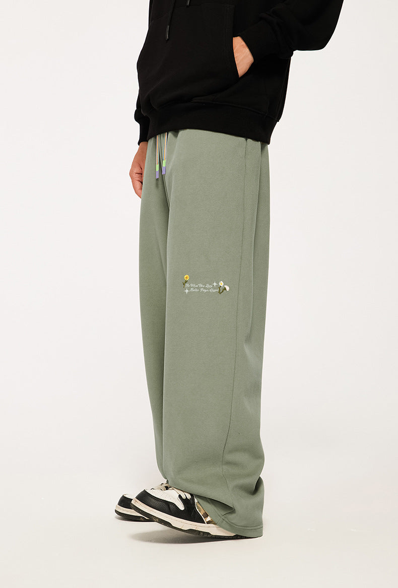 320g Sanding Embroidered Wide Leg Pants Fall/Winter New High Street Rainbow Drawstring Loose Men's Pants