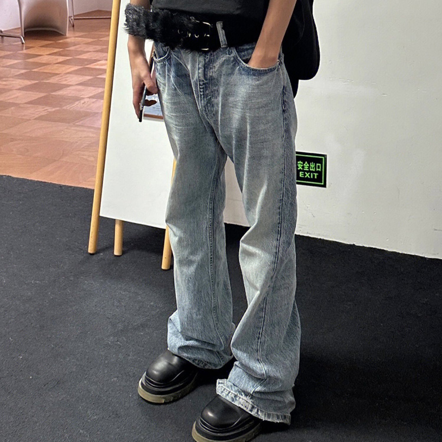 Men's Wear Women's Spring And Summer Urban Washed Trousers Unisex Dressed Micro-flared Blue Jeans