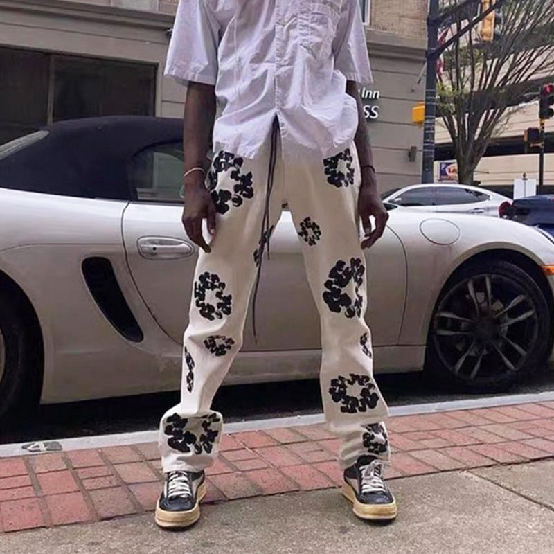 Men's Wear Women's Autumn And Winter Urban VINTAGE Cotton Printed Slim-Fit Trousers Unisex Straight-Leg Jeans