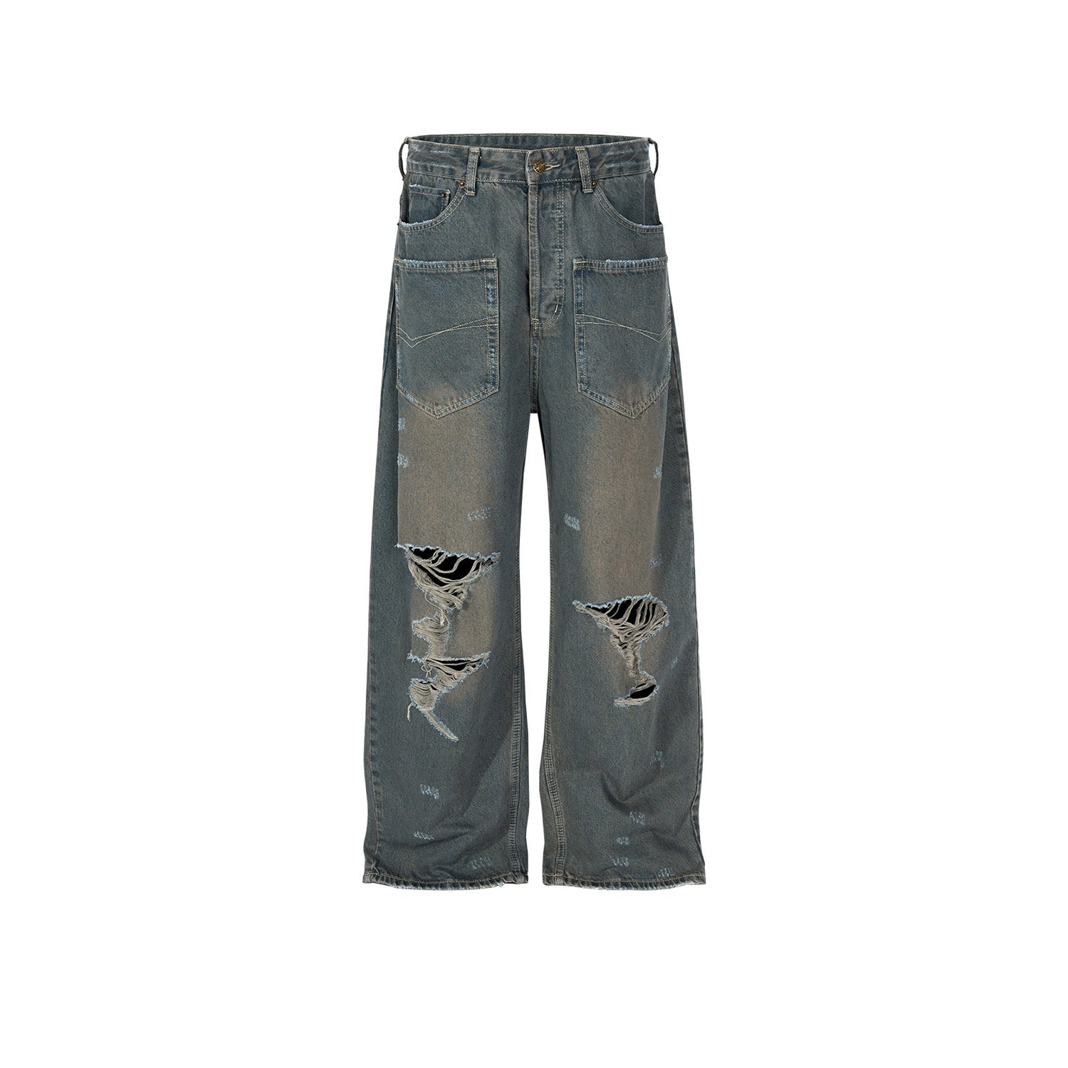 Men's And Women's Wash Pants Unisex High Street Reverse Pocket Erosion Mud Dye Baggy Trendy Jeans