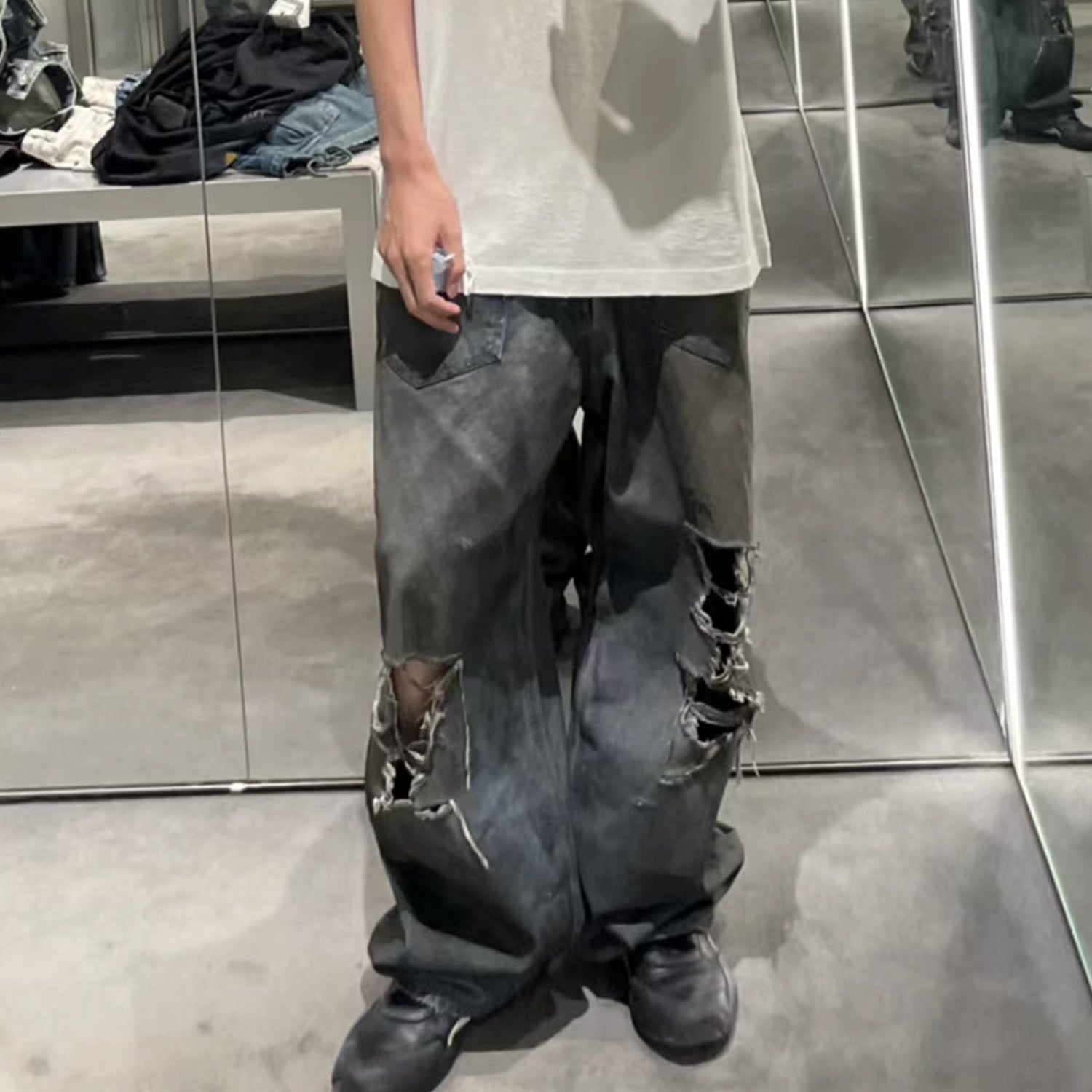 Men's And Women's Wash Pants Unisex High Street Reverse Pocket Erosion Mud Dye Baggy Trendy Jeans