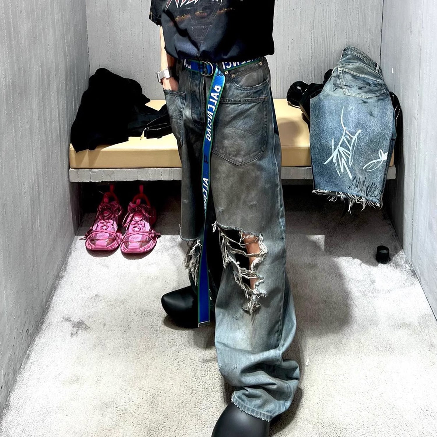 Men's And Women's Wash Pants Unisex High Street Reverse Pocket Erosion Mud Dye Baggy Trendy Jeans