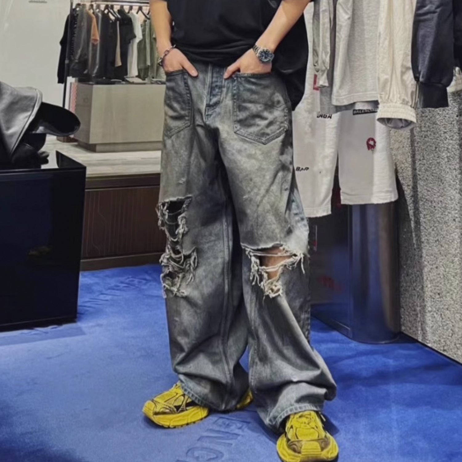 Men's And Women's Wash Pants Unisex High Street Reverse Pocket Erosion Mud Dye Baggy Trendy Jeans
