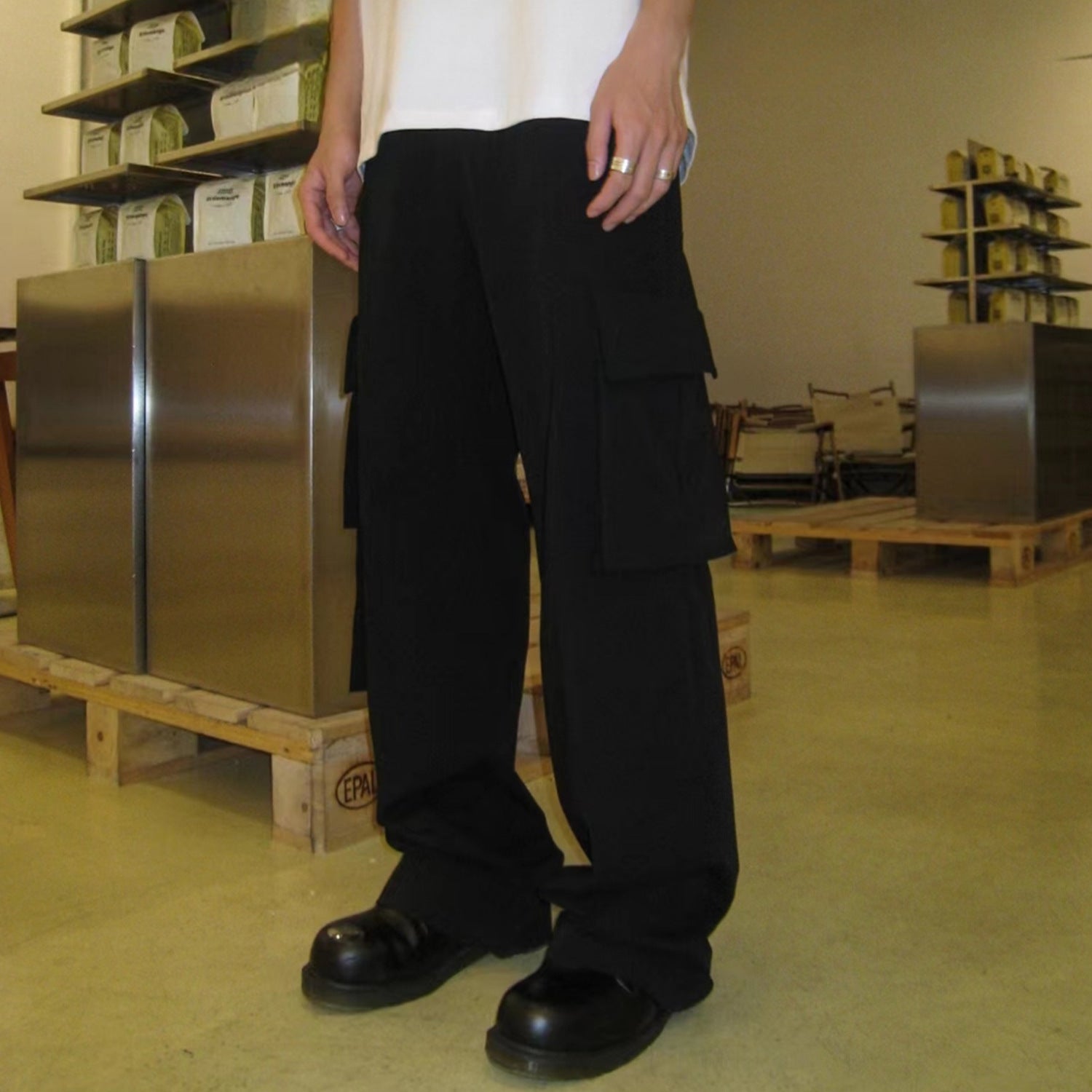 Men's And Women's Strap Decorative Design Black Pants Men's And Women's Multi-Pocket Commuter Dipper Pants