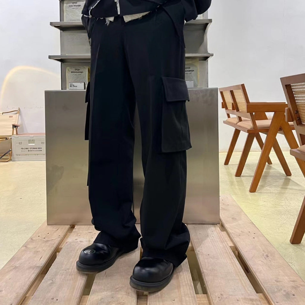Men's And Women's Strap Decorative Design Black Pants Men's And Women's Multi-Pocket Commuter Dipper Pants