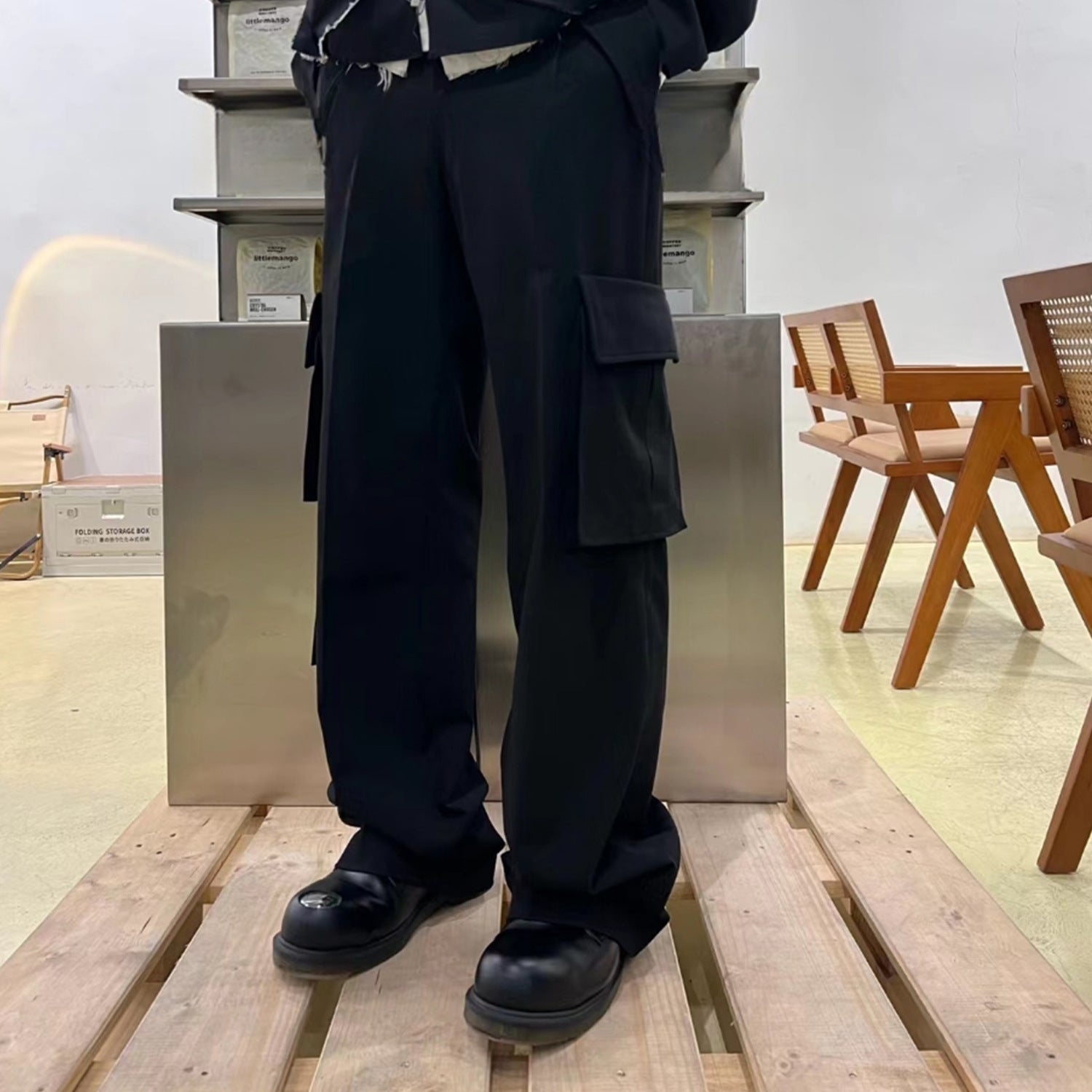 Men's And Women's Strap Decorative Design Black Pants Men's And Women's Multi-Pocket Commuter Dipper Pants