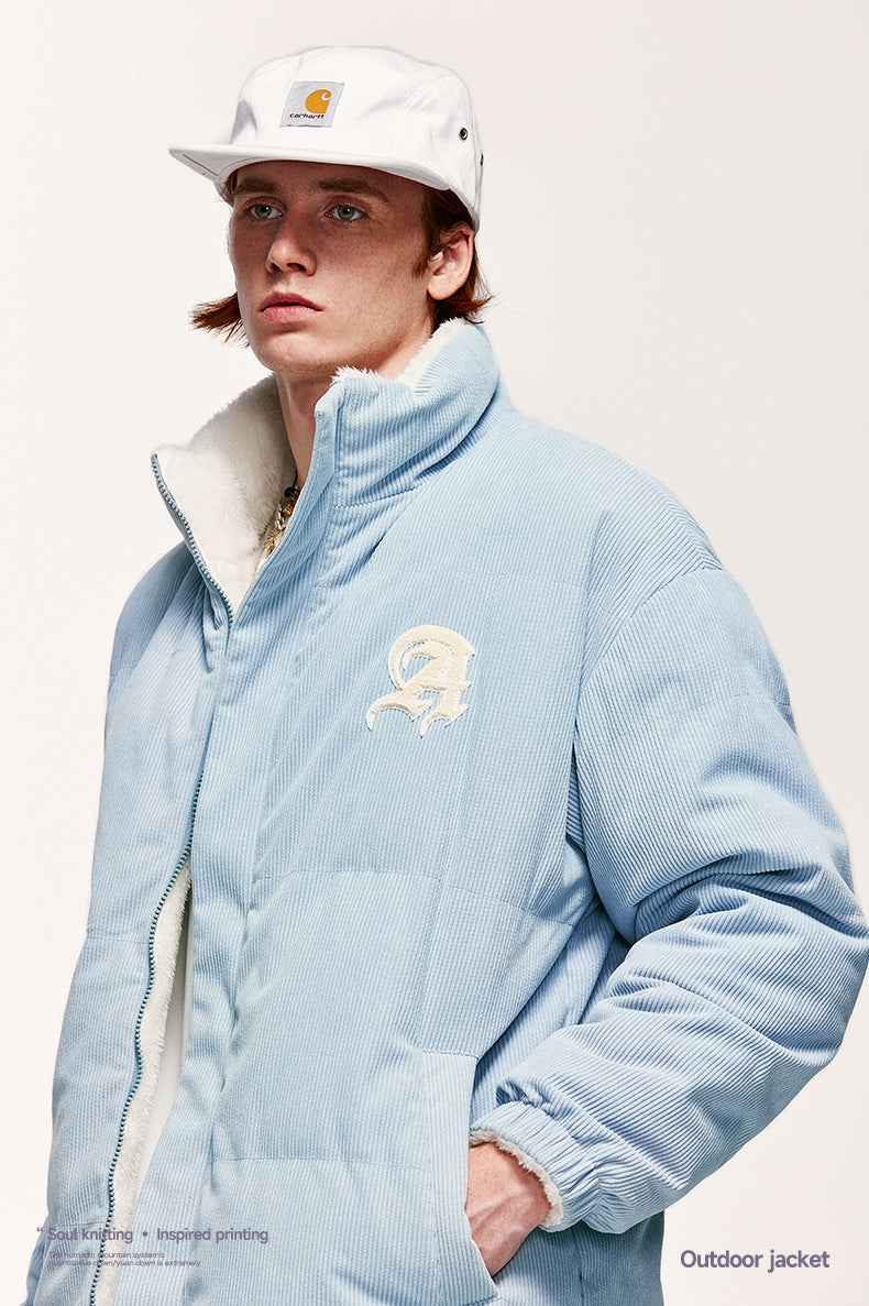 Corduroy Warm Plus Velvet Double-sided Embroidered Cotton-padded Jacket Autumn And Winter New Solid Color Jacket Coat