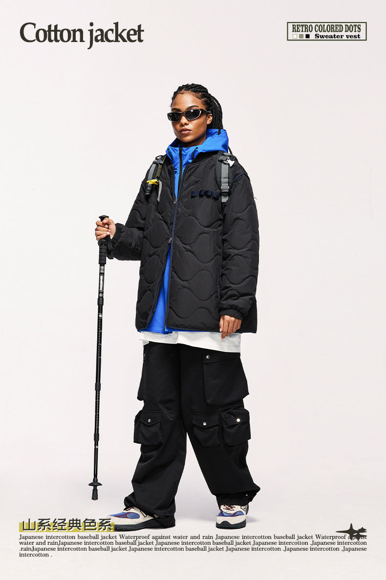 Japanese Loose Rhombic Quilted Cotton Baseball Cotton Coat Autumn And Winter New Solid Color Jacket Coat