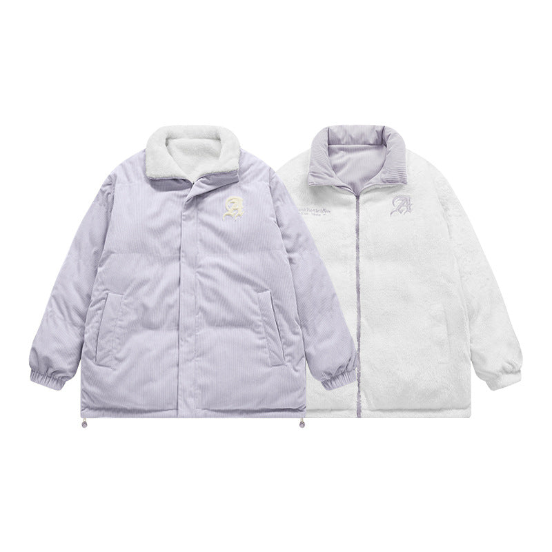 Corduroy Warm Plus Velvet Double-sided Embroidered Cotton-padded Jacket Autumn And Winter New Solid Color Jacket Coat