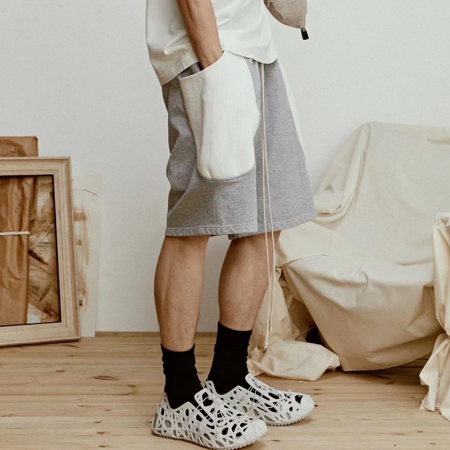Men's And Women's Spring And Summer Stitching Side Double-Layer Big Pocket Casual Pants Men's And Women's High Street Contrast Color Trendy Shorts